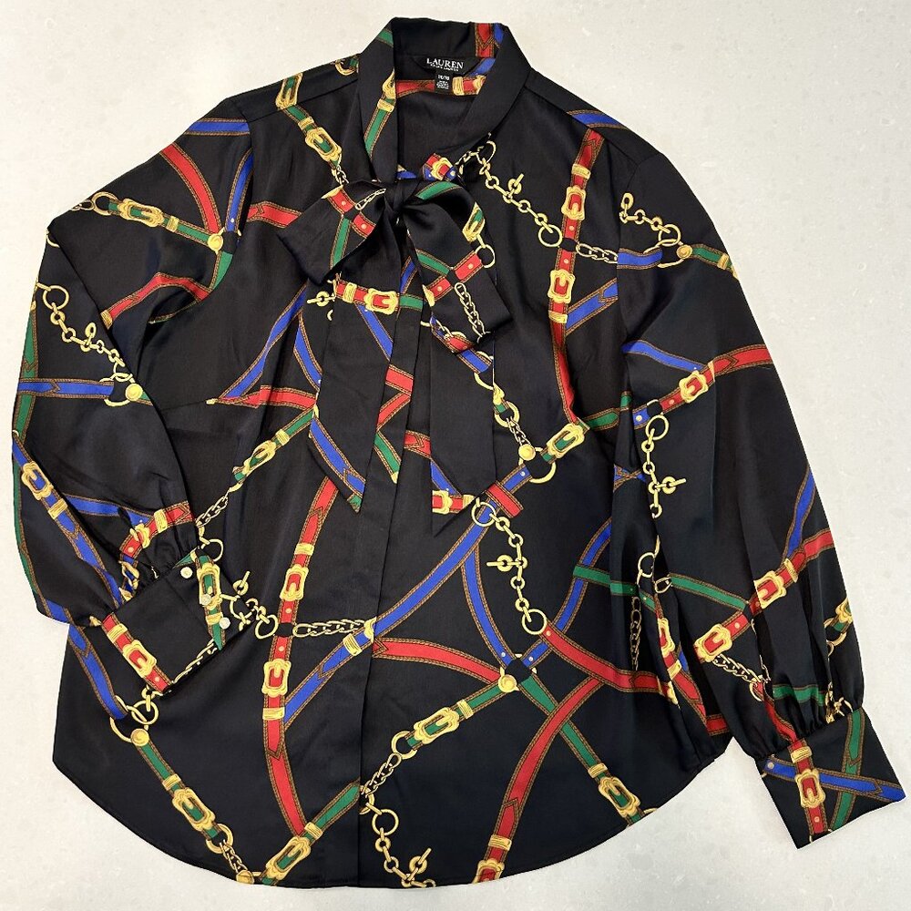 Lauren Ralph Lauren 1X Plus Bridle Print Bow Tie Neck Business Blouse Top